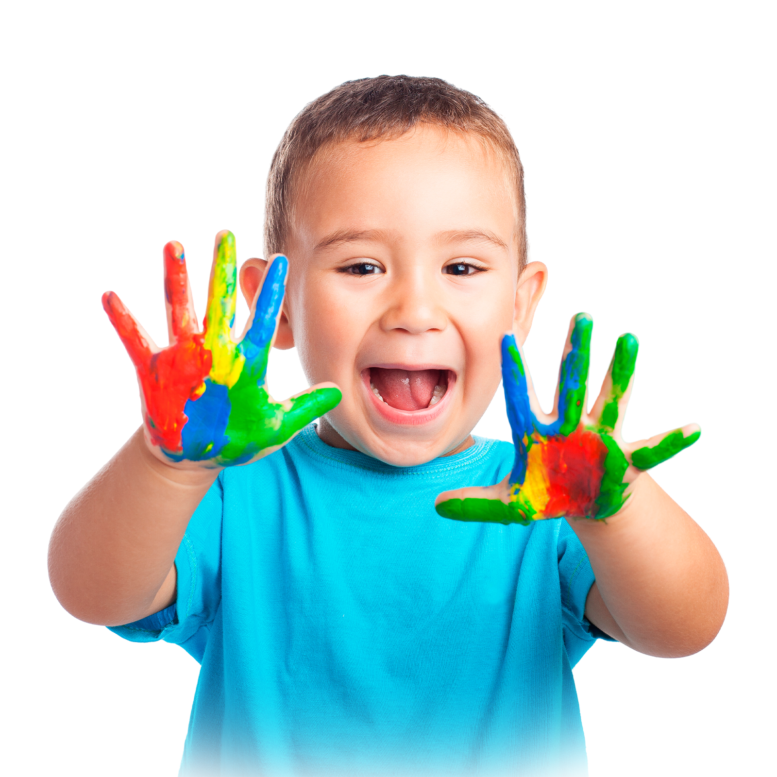 Criança com as mãos coloridas